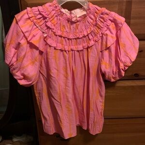 BiBi Pink Blouse with Orange Tie-Dye Ruffle Yoke with bows